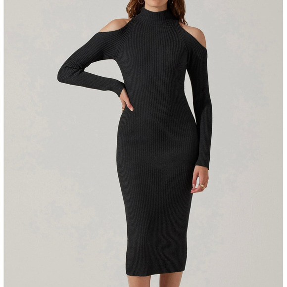 ASTR The Label Cold Shoulder Mock Neck Midi Ribbed Bodycon Grey Sweater Dress - Picture 1 of 8